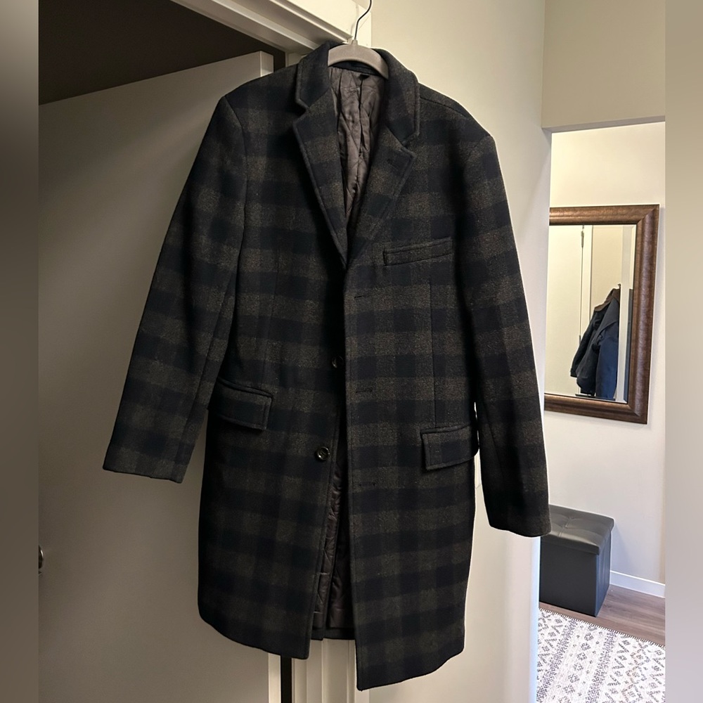 Men’s Jcrew long plaid wool blend topcoat, size 38R, only worn once